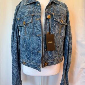Versace Blue Patterned Denim Jacket with Gold Accents
